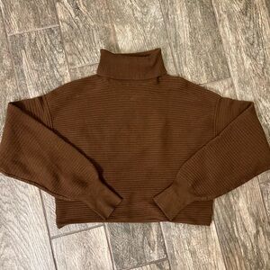 Good American Cropped Turtleneck Sweater, Ribbed, Brown, XS/S